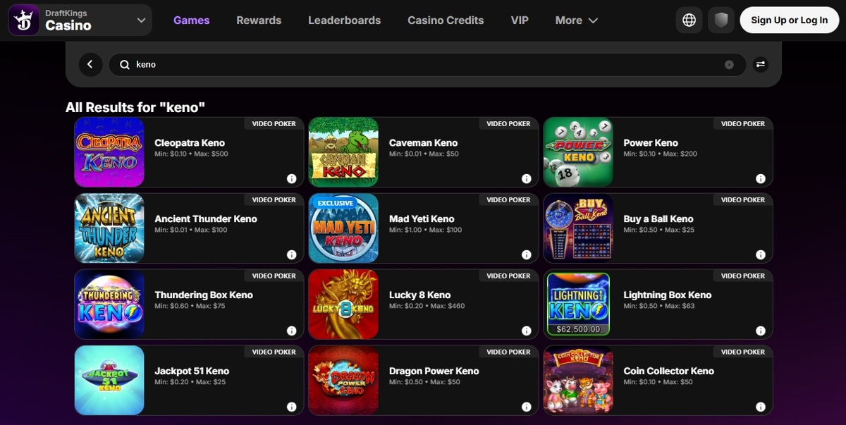 Keno games available on DraftKings Casino